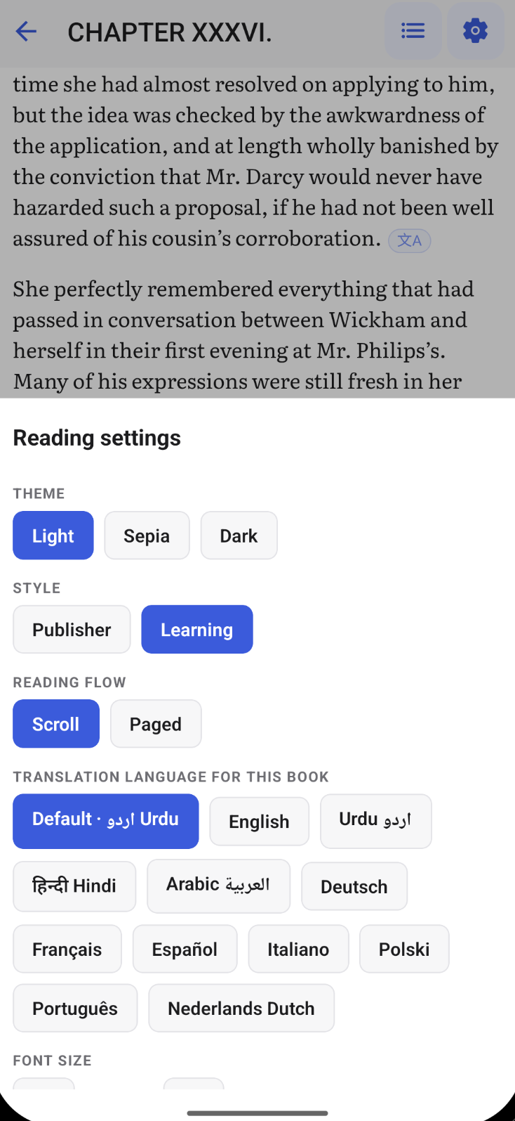Reading settings with theme, font and translation language options in uSage